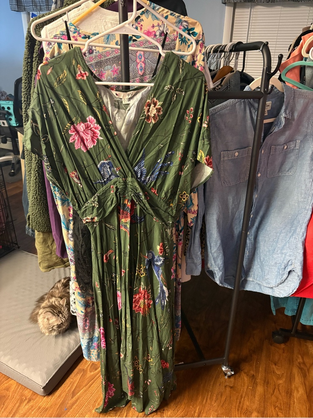 Yumi Bird & Floral Ruched Waist Kimono Midi Dress Green Size 14